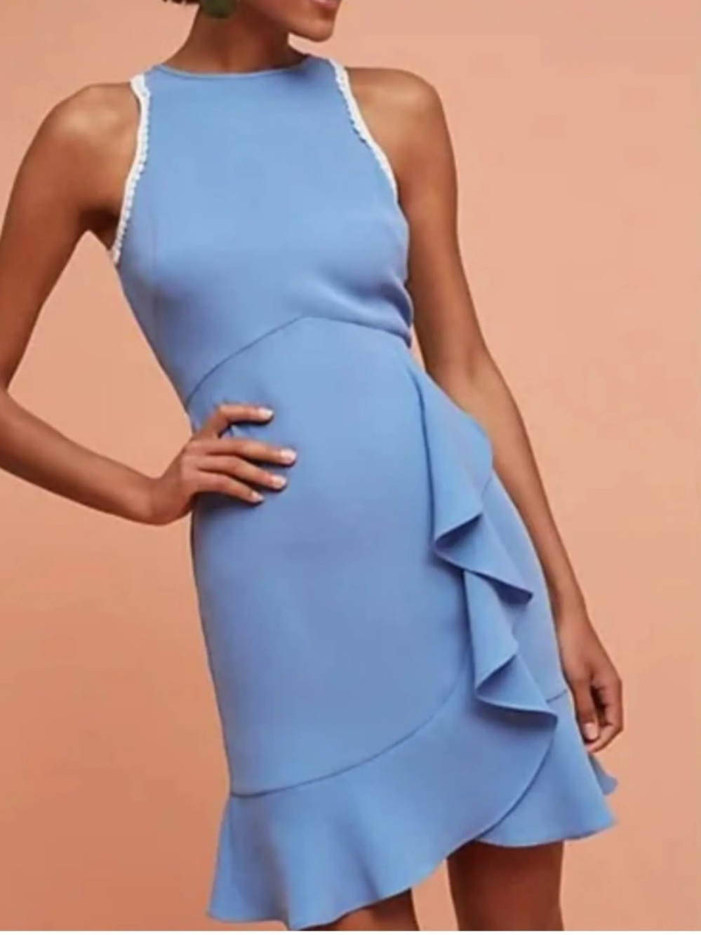 Shoshanna Sky Blue Ruffle Hem Dress Lace Trim Sleeveless Size 6 NWT $395